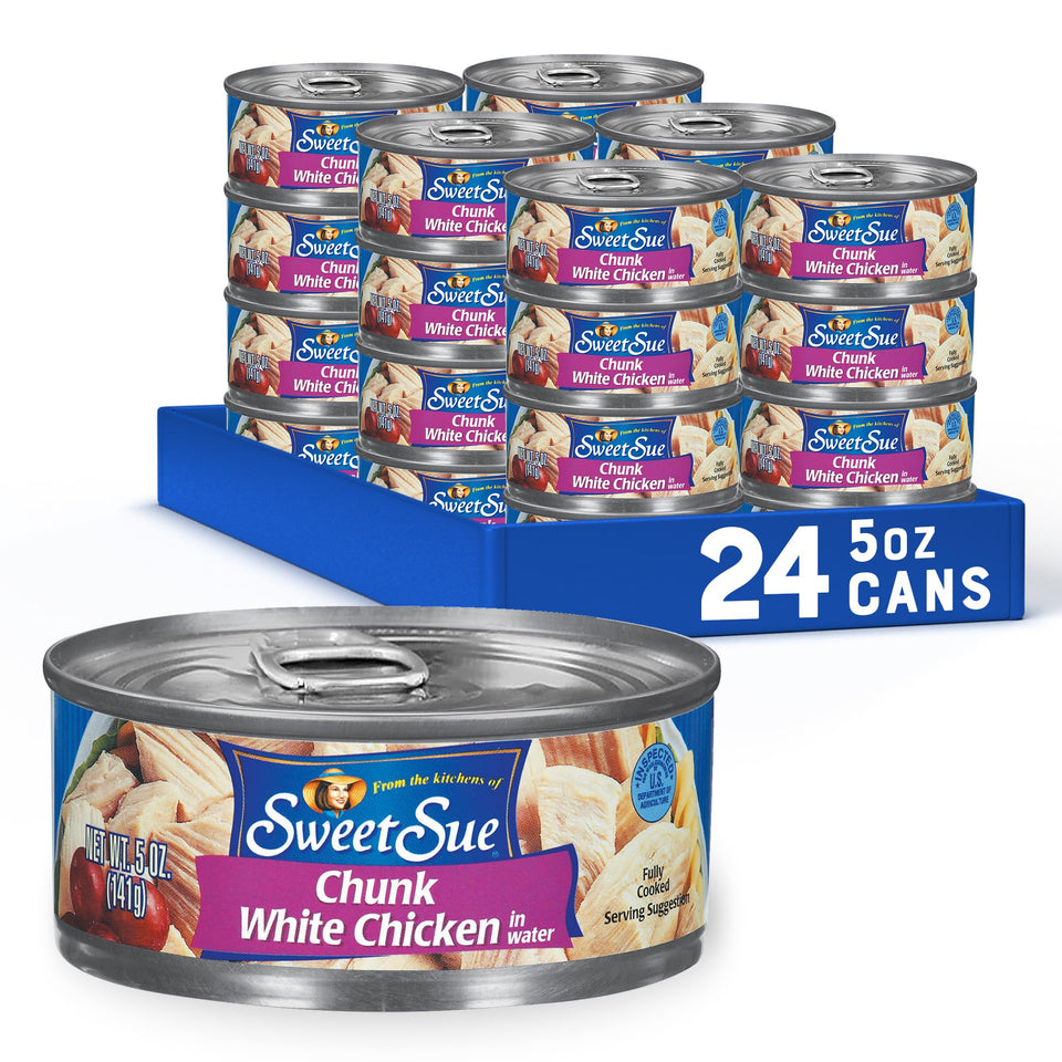 Sweet Sue canned chicken chunks in water show rib meat texture, a high-protein pantry staple.