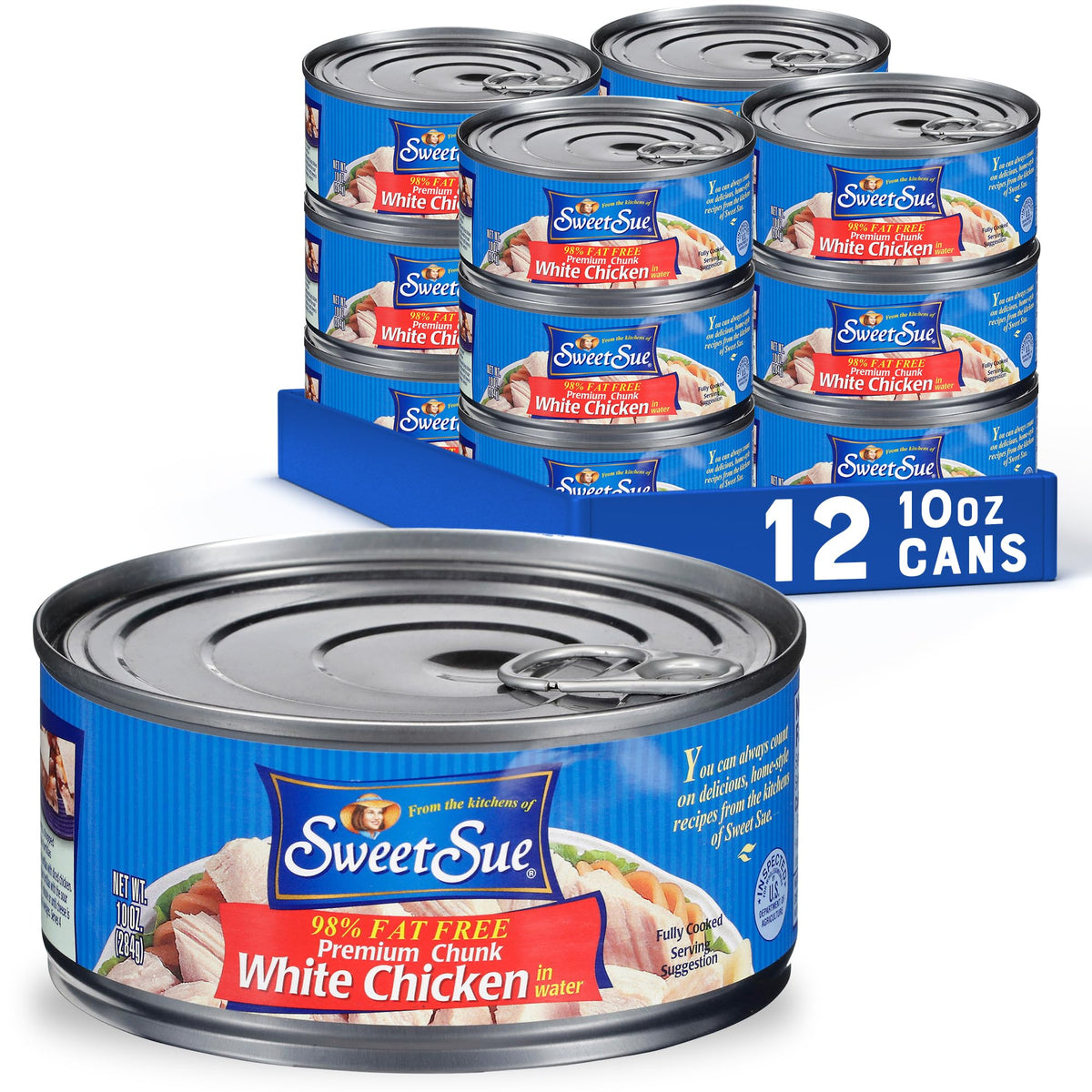Sweet Sue canned chicken breast in water shows rib meat, a convenient protein for quick meals.