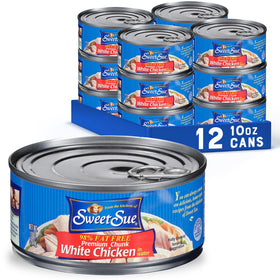 Sweet Sue canned chicken breast in water shows rib meat, a convenient protein for quick meals.