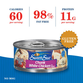 Sweet Sue chicken chunks in water close-up highlight moist texture ideal for casseroles.