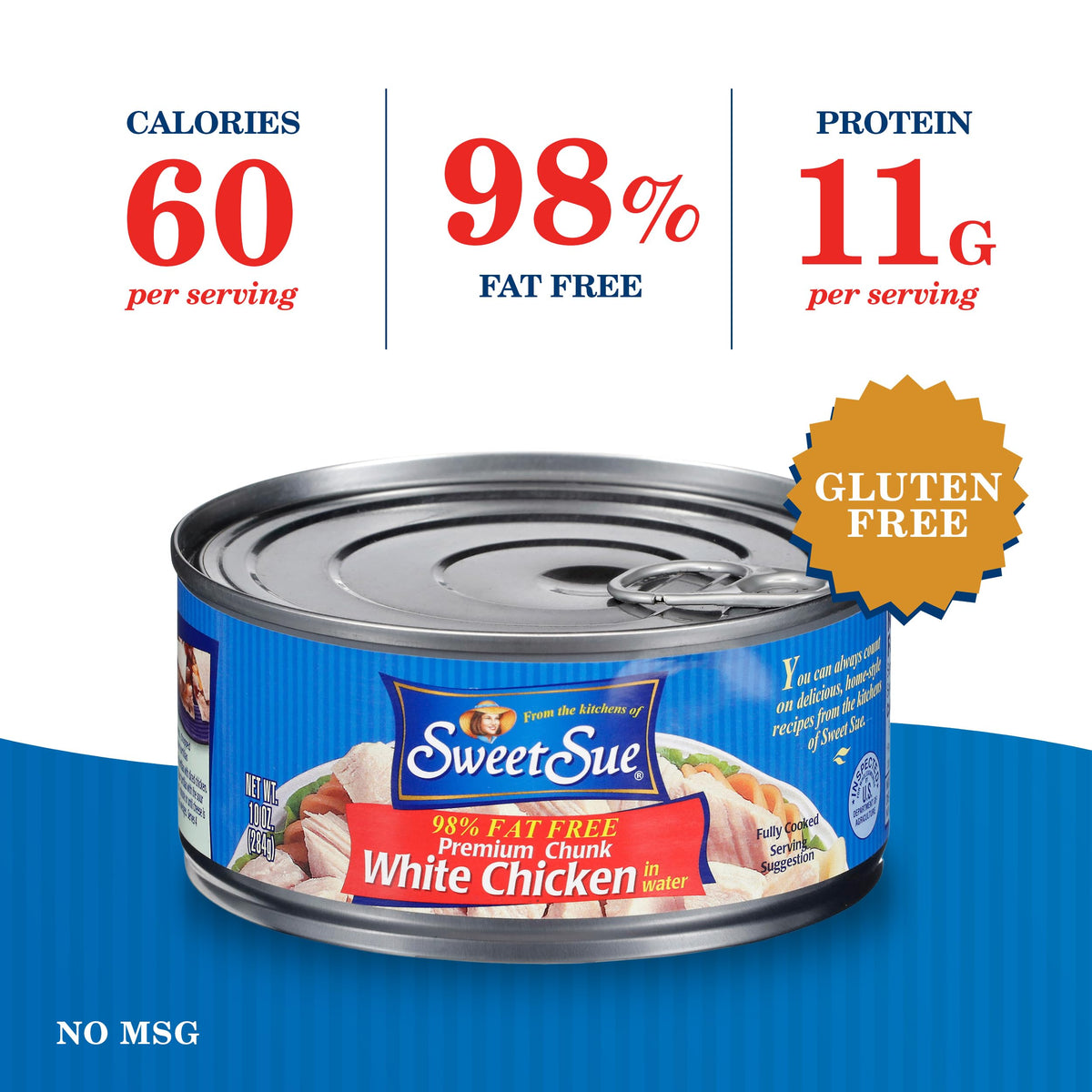 Sweet Sue chicken chunks in water offer tender texture for casseroles and salads.