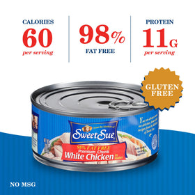 Sweet Sue chicken chunks in water offer tender texture for casseroles and salads.