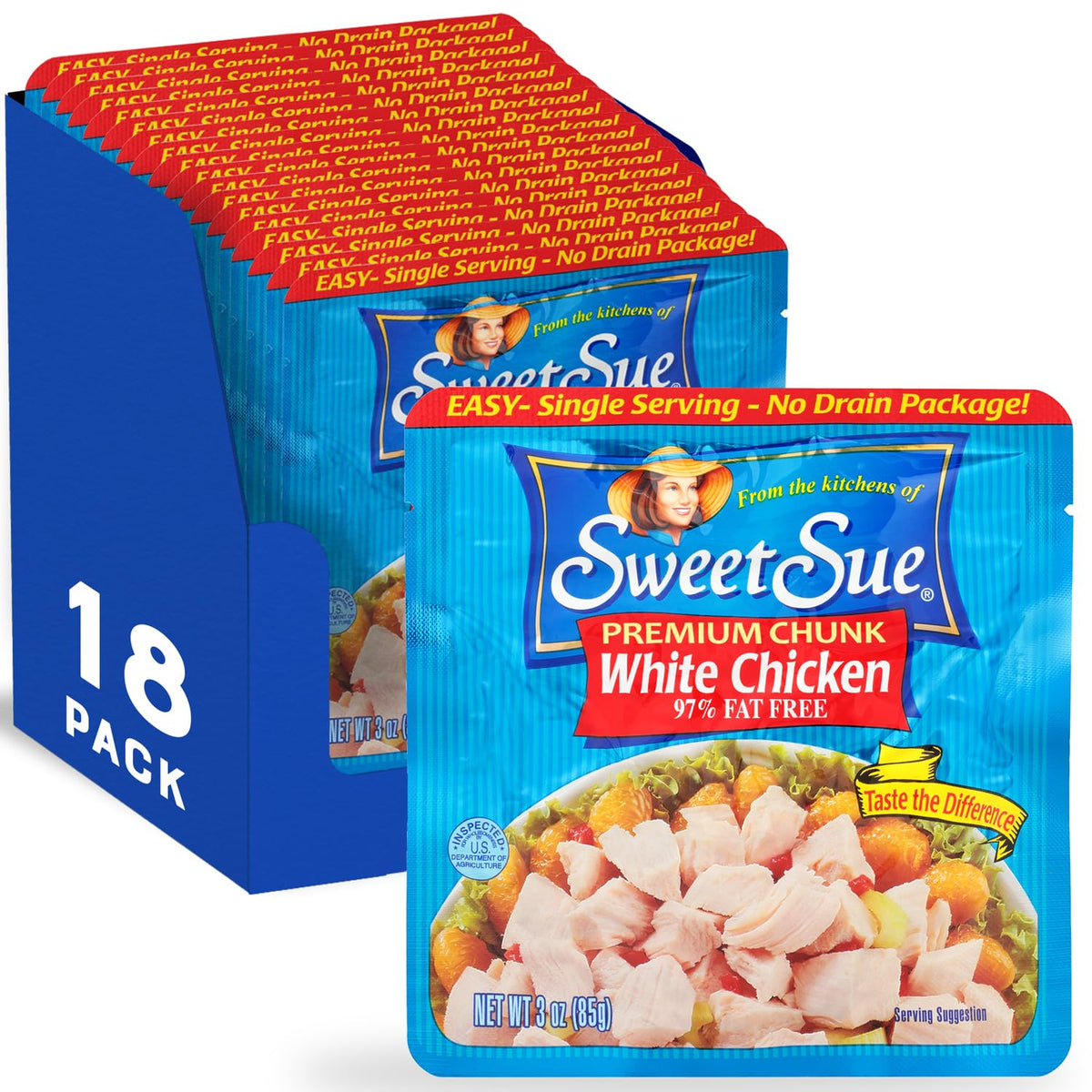 Sweet Sue premium chicken chunks in water for quick, protein-rich meals.