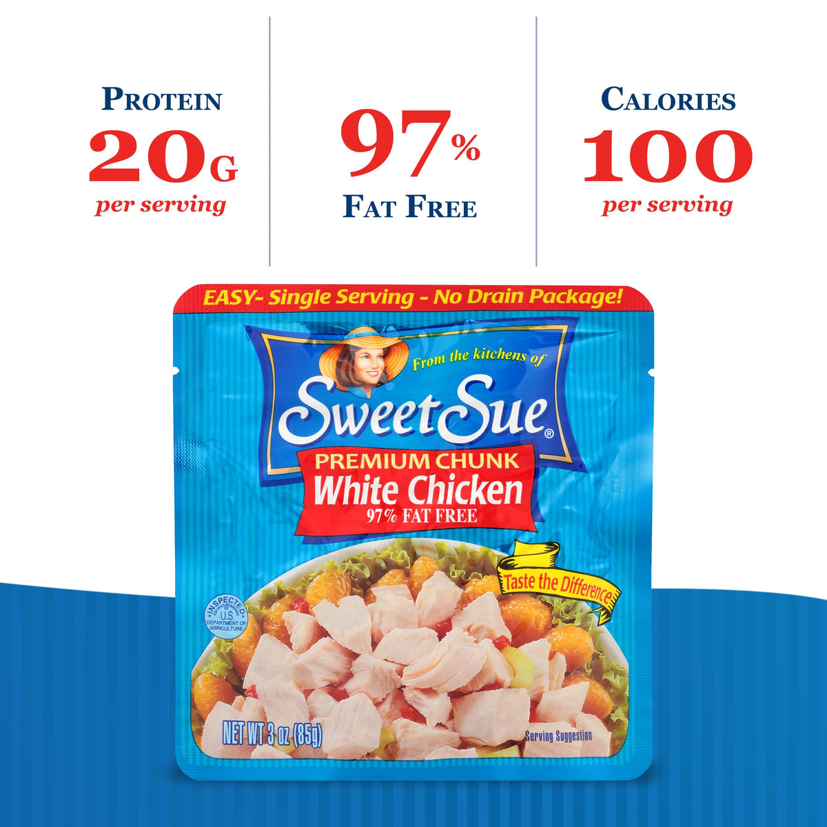 Sweet Sue ready-to-eat chicken chunks in a pouch for fast lunches.