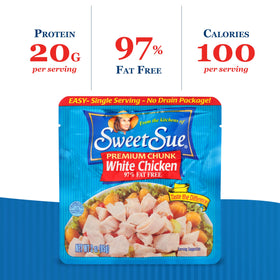 Sweet Sue ready-to-eat chicken chunks in a pouch for fast lunches.