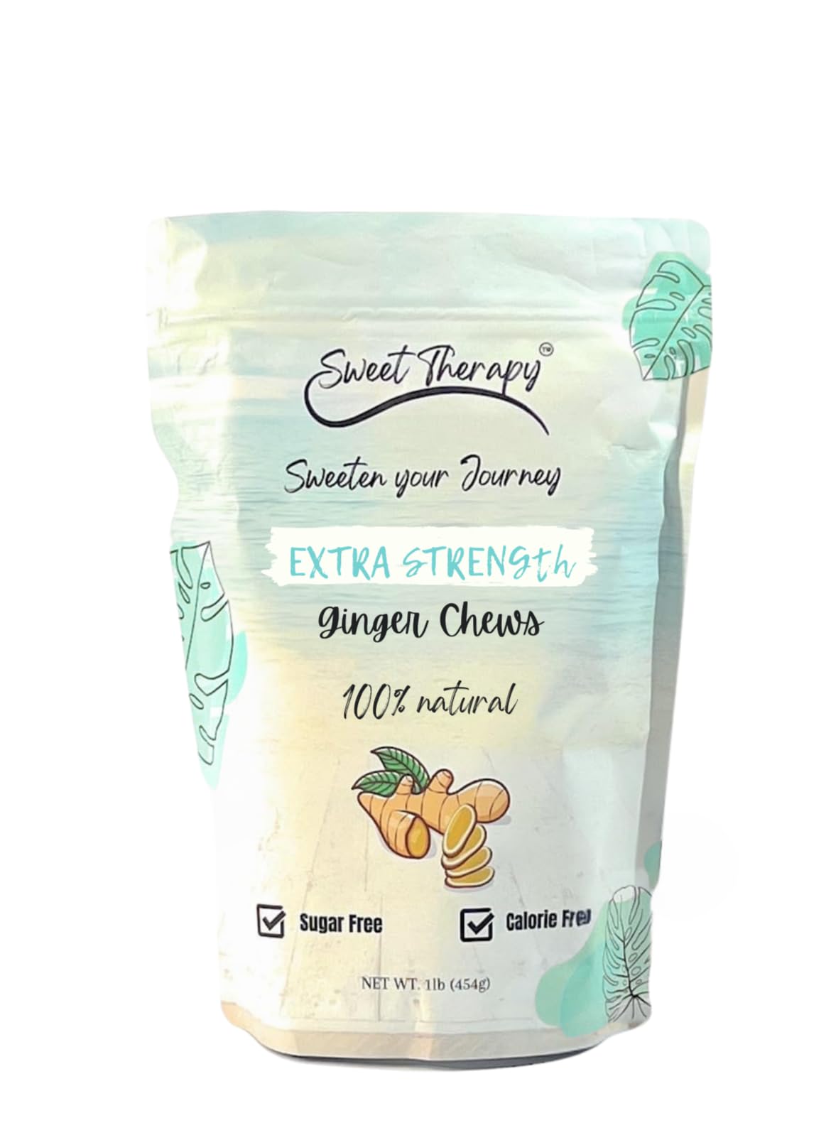 Sweet Therapy Ginger Chews packaging shows sugar-free convenience for travel.