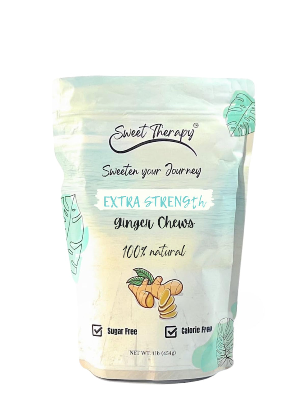 Sweet Therapy Ginger Chews packaging shows sugar-free convenience for travel.