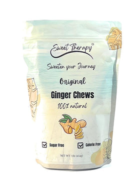 Sweet Therapy sugar-free ginger chews packaging shown, a zero-sugar option for mindful snacking.