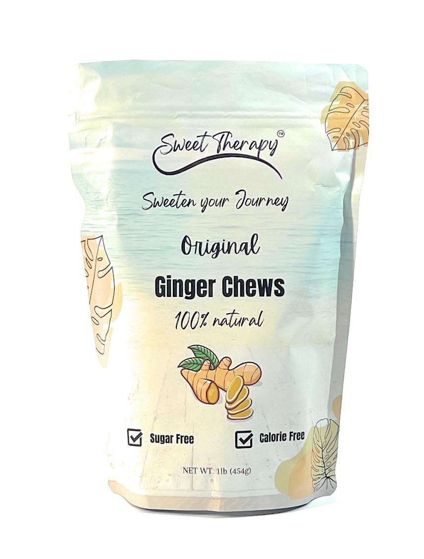Sweet Therapy sugar-free ginger chews packaging shown, a zero-sugar option for mindful snacking.