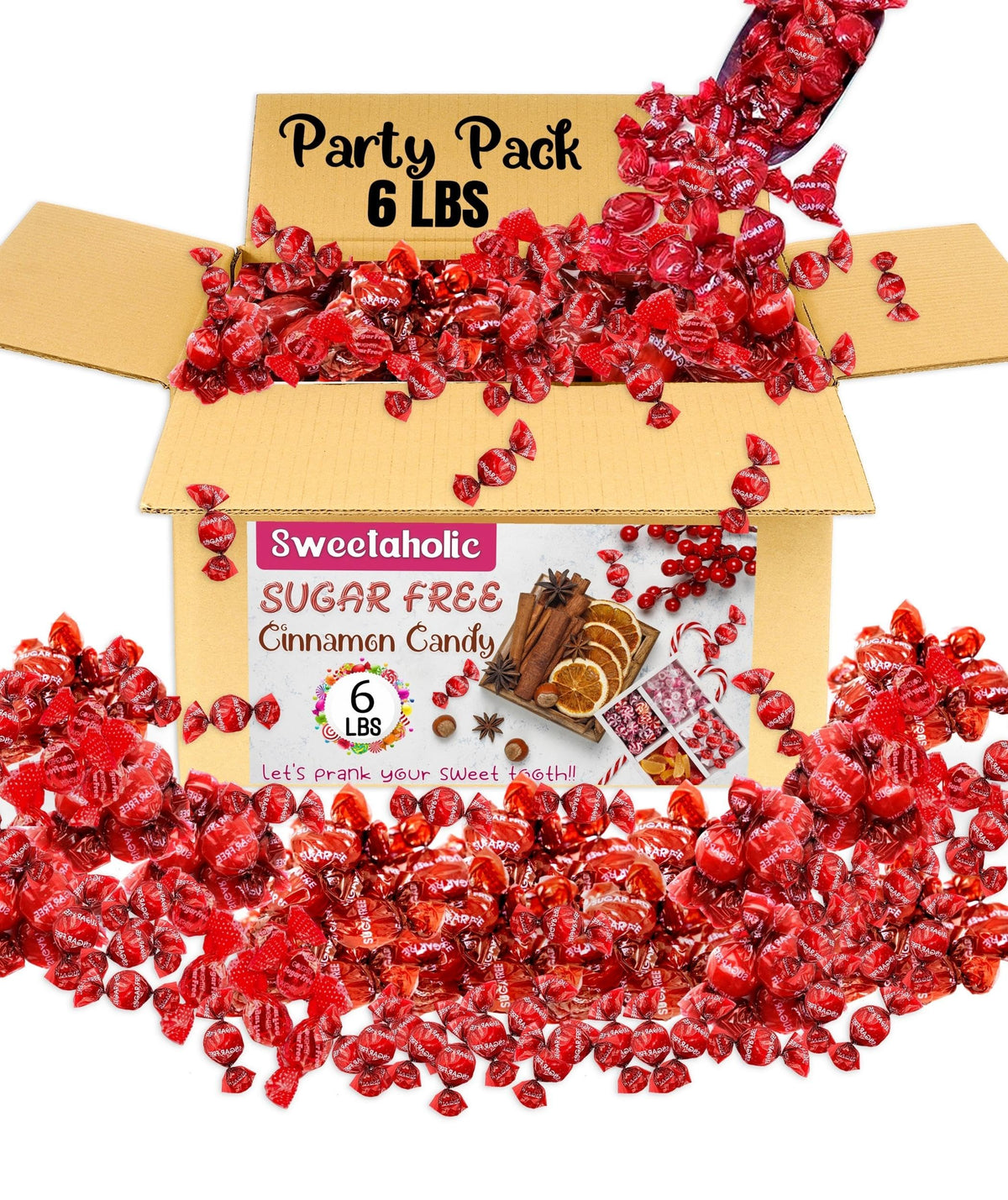 Sweetaholic sugar-free cinnamon hard candy six-pound pack on display
