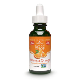 Sweet Drops Valencia Orange bottle, ideal for adding zero-calorie flavor to coffee or water.