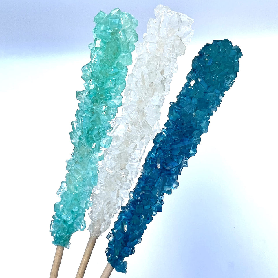 SweetGlob classic rock candy stick with blue crystals, ideal for party favors.