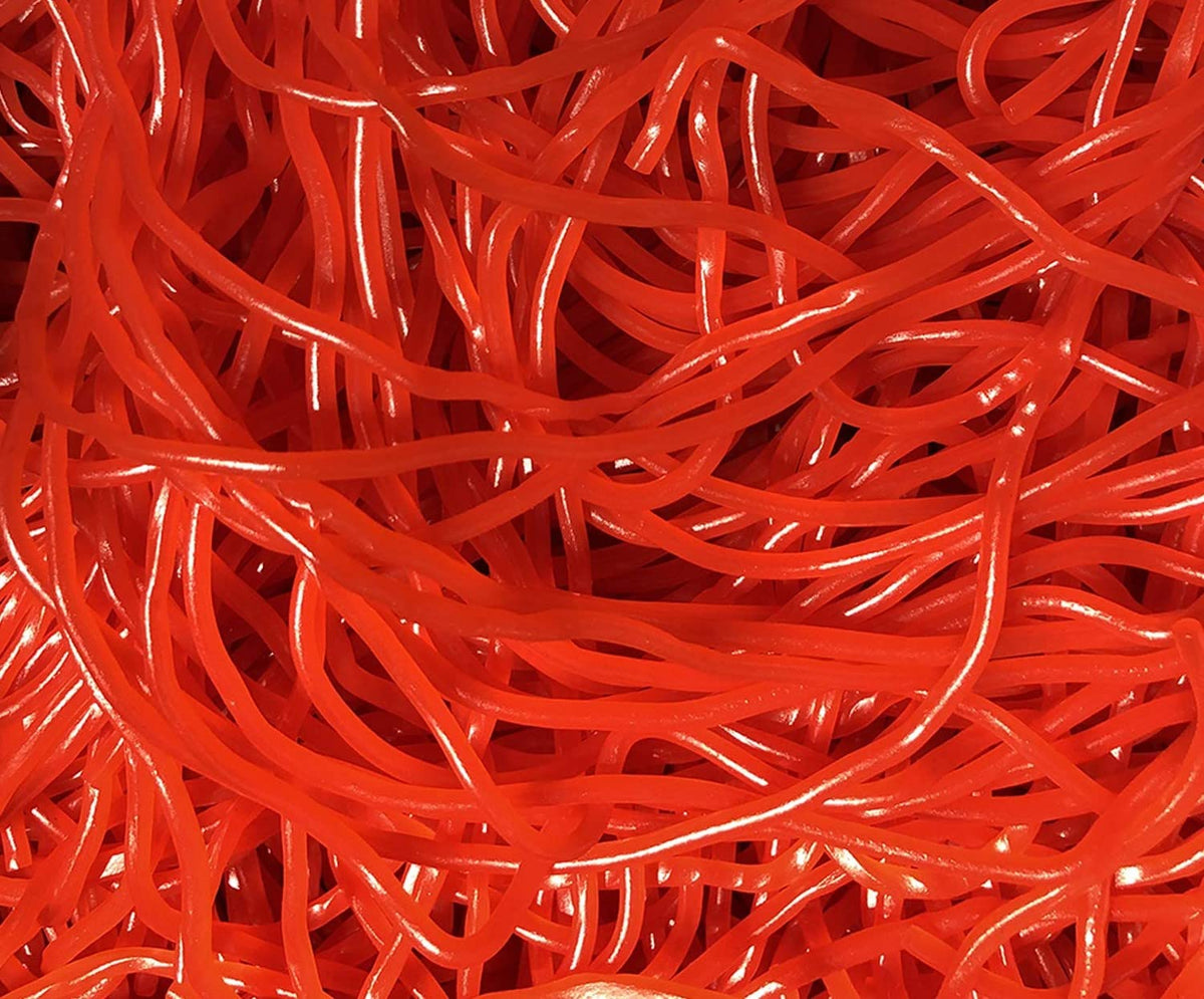 SweetGlob gummy shoe laces red strawberry close-up, inviting chewy texture