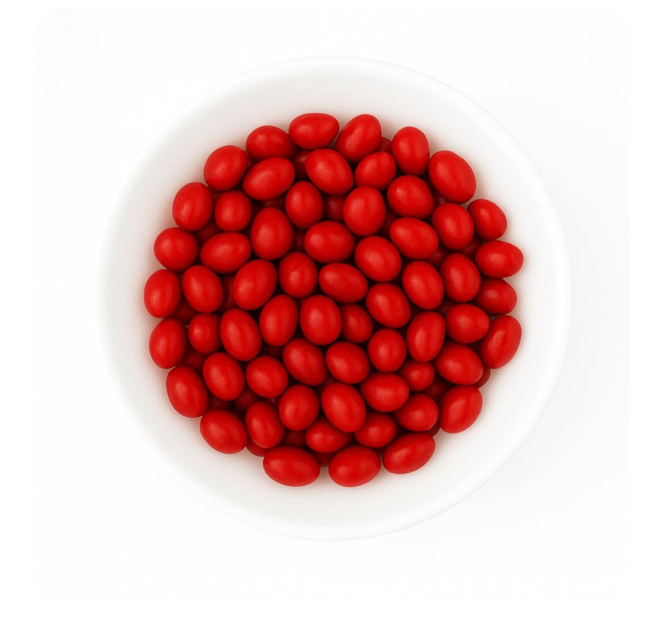 SweetGlob Old Fashioned Red Boston Baked Beans with glossy red coating for nostalgic snacking.