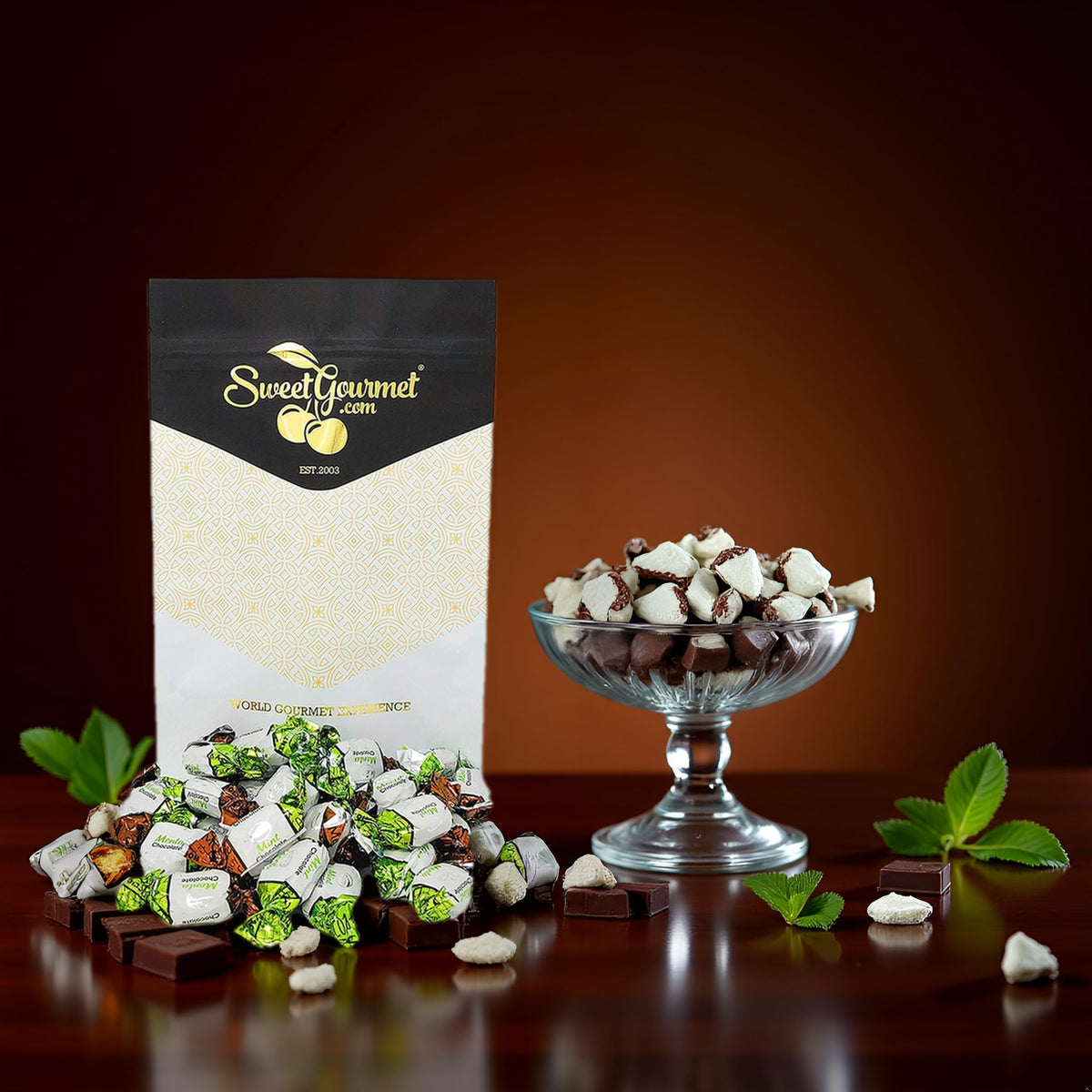 SweetGourmet after-dinner treat with mint chocolate flavor and smooth center.