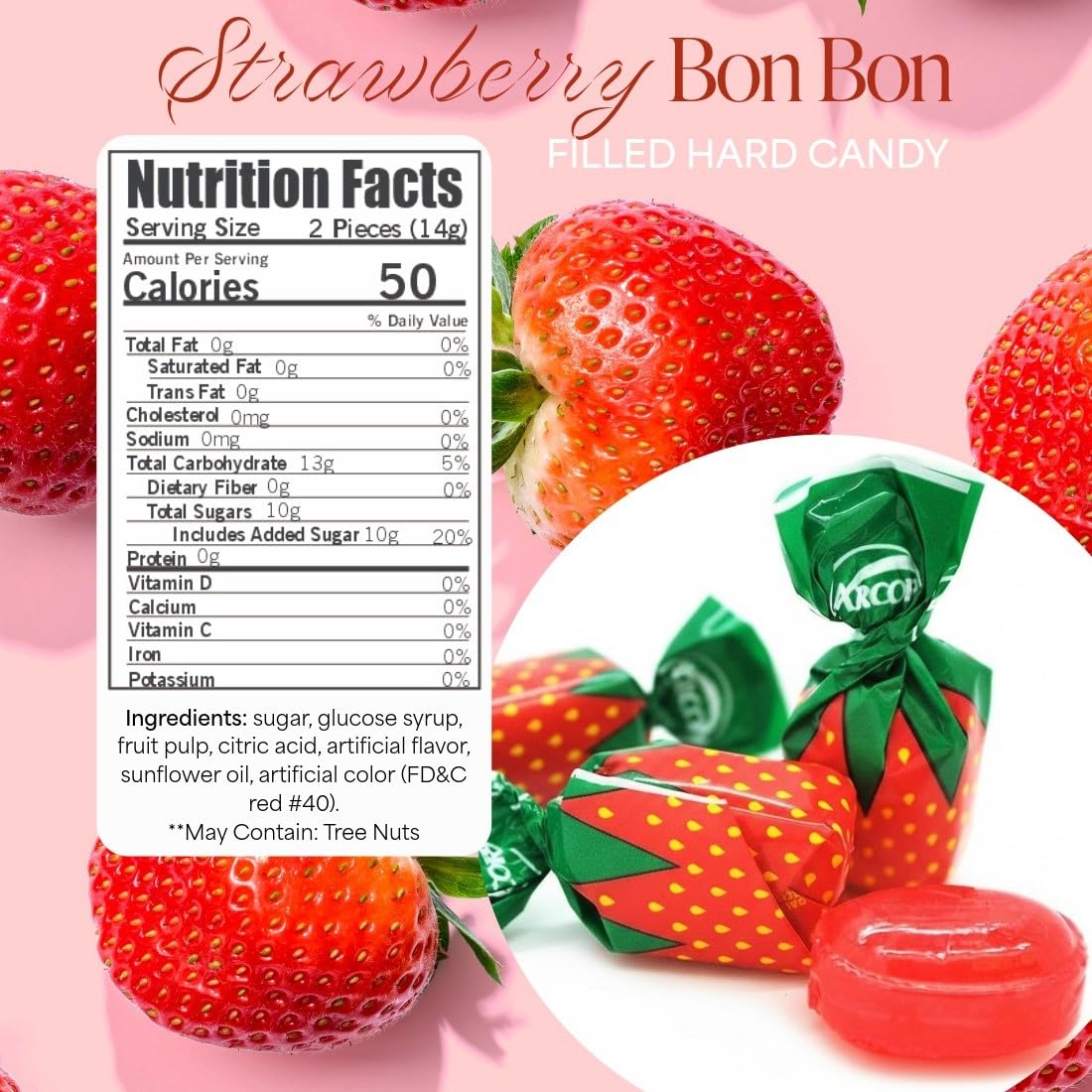 SweetGourmet Arcor strawberry bon bons packaging close-up, perfect for celebrations and baskets.