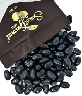 SweetGourmet Black Licorice Jumbo Jelly Beans close-up with glossy shell for bold snacking