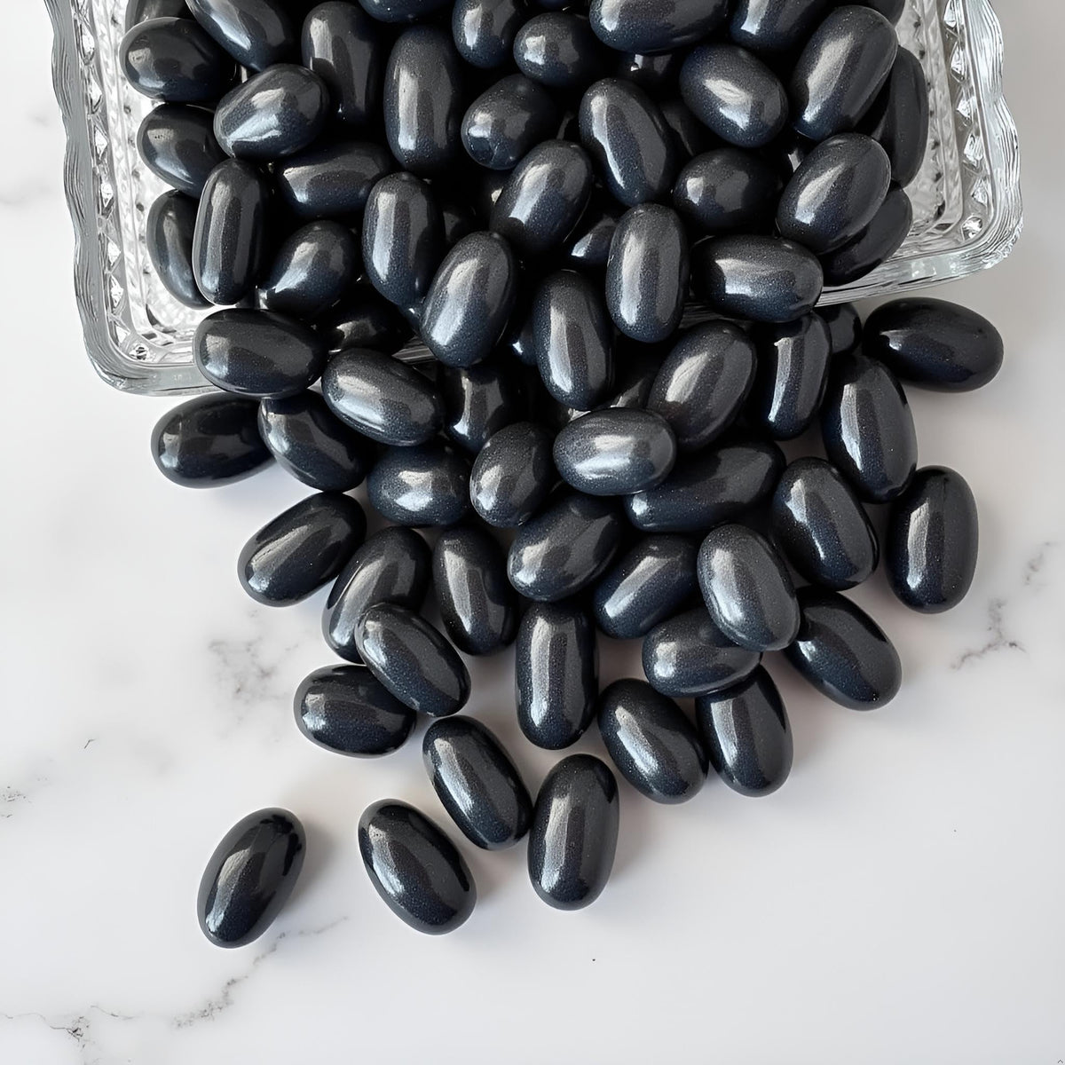 SweetGourmet Black Licorice Jumbo Jelly Beans on display platter for sharing at gatherings