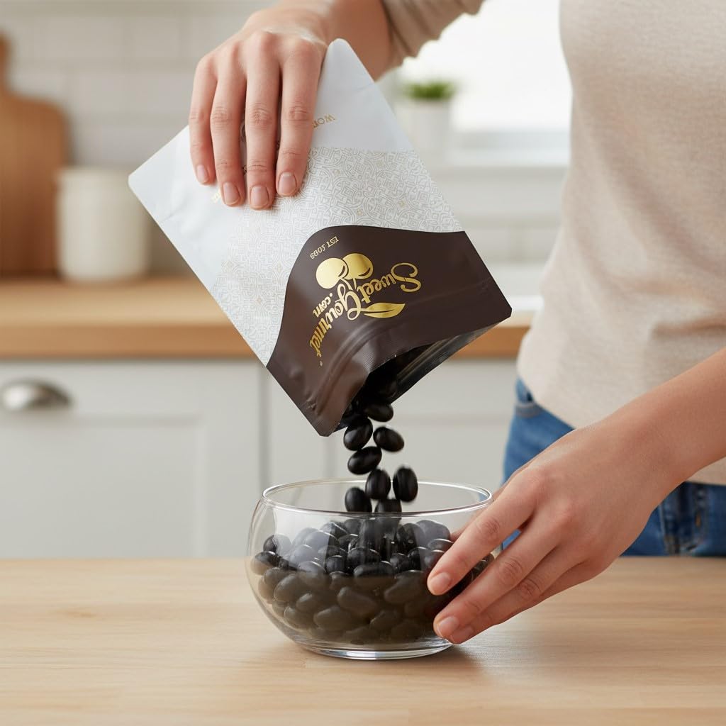 SweetGourmet Licorice Jelly Beans cross-section shows chewy interior for satisfying texture