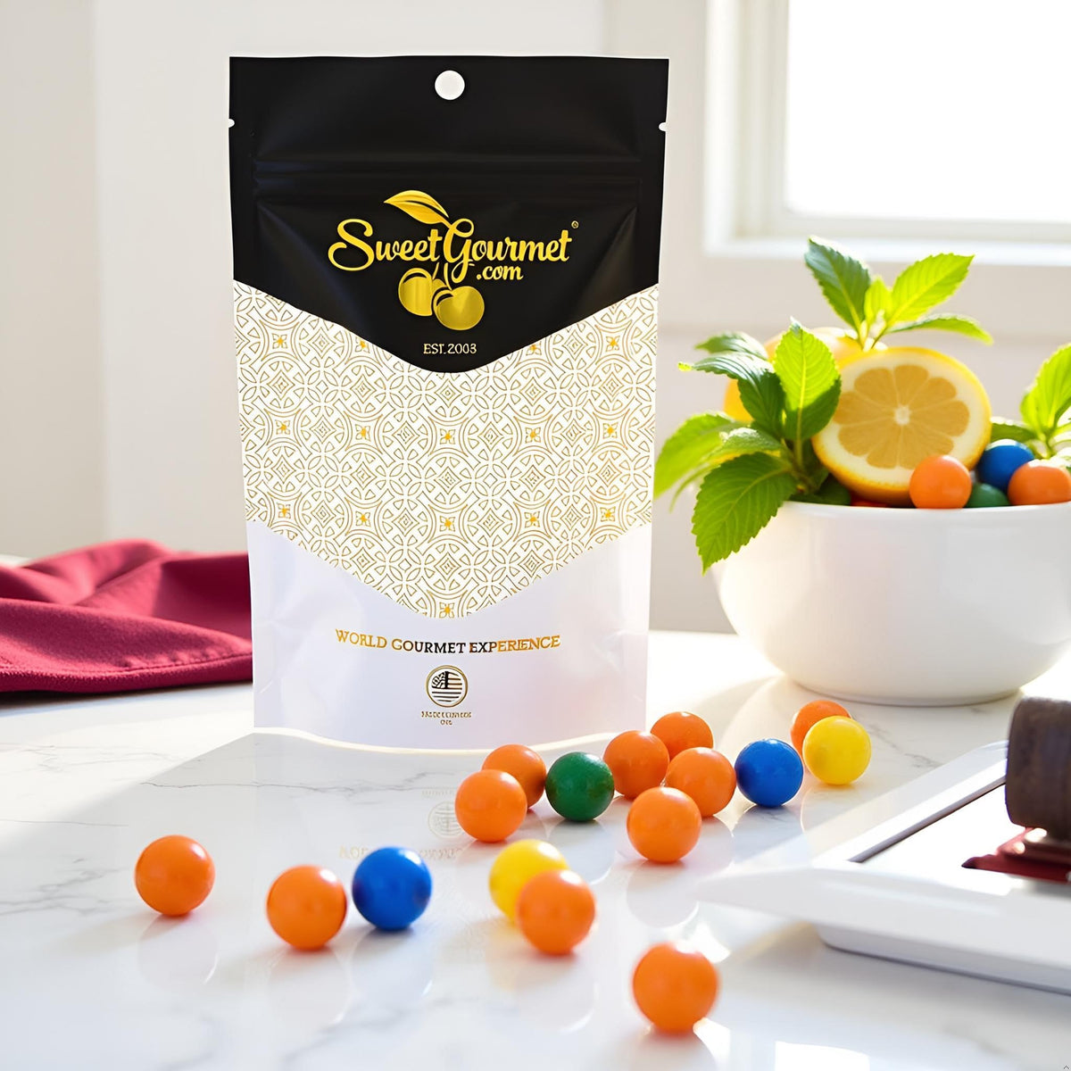 SweetGourmet Cry Baby Guts 1-inch gumball highlighting classic candy size for sharing.