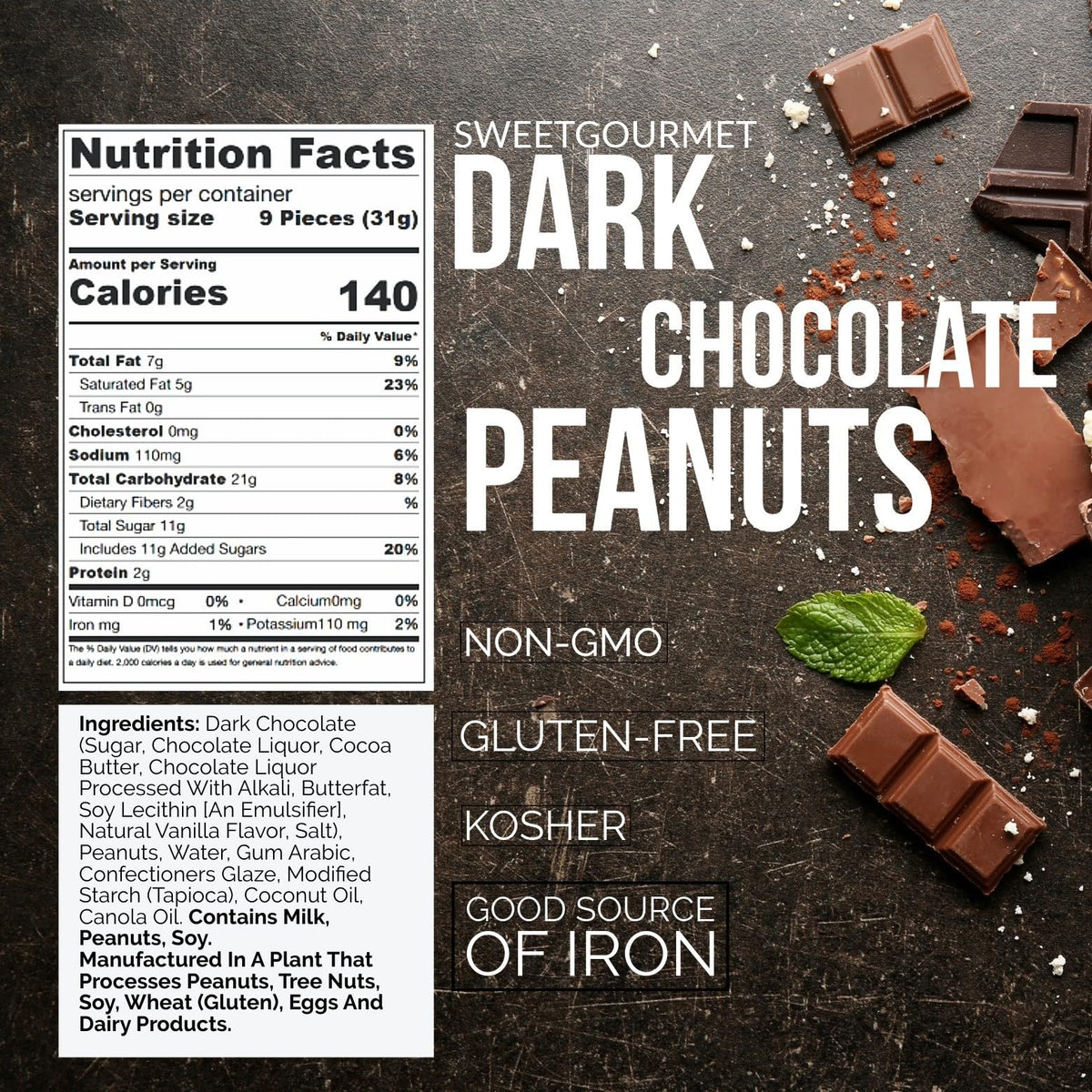 Close-up of glossy dark chocolate coating on roasted peanuts by SweetGourmet.