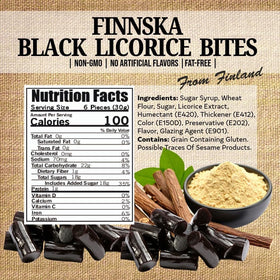 Close-up of SweetGourmet Finnska licorice showing glossy black surface and soft chew