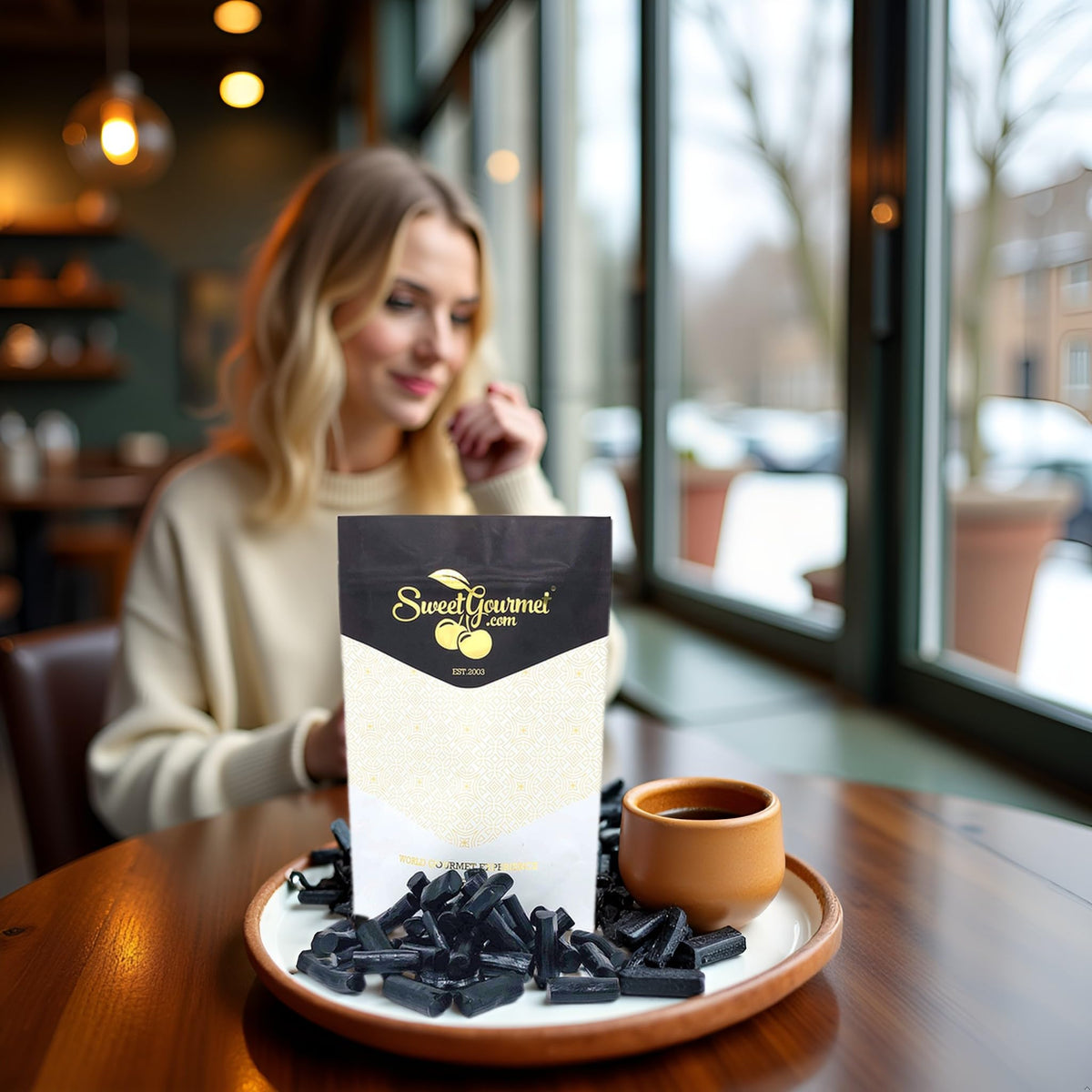 SweetGourmet Finnska licorice beside a cup of coffee for a relaxing break