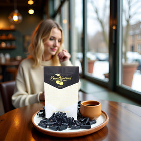 SweetGourmet Finnska licorice beside a cup of coffee for a relaxing break
