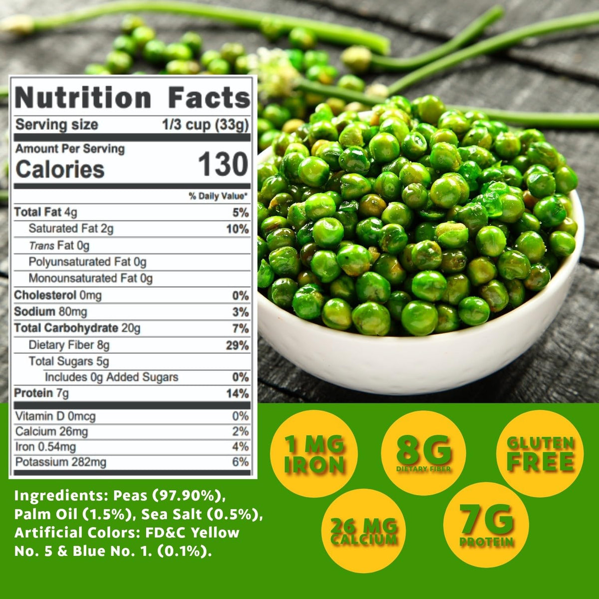 SweetGourmet Green Peas lightly salted for a naturally sweet, crisp bite.