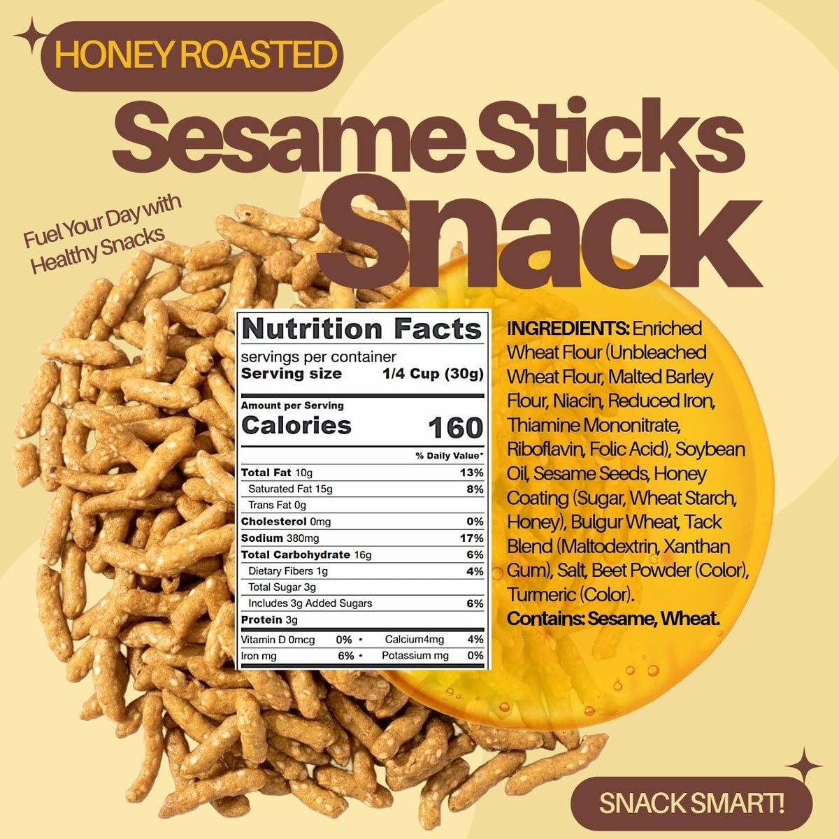 SweetGourmet Honey Roasted Sesame Sticks close-up shows fragrant honey glaze and sesame crunch.