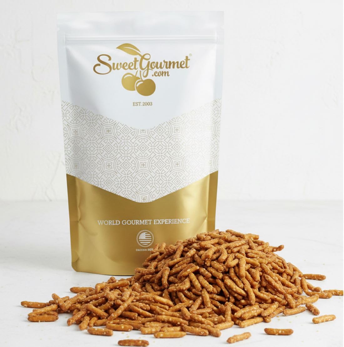 SweetGourmet Honey Roasted Sesame Sticks packaging front in bulk bag for storage
