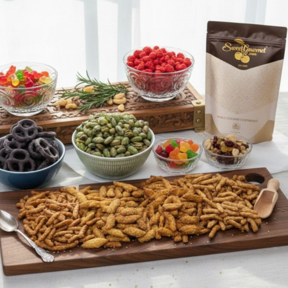SweetGourmet Honey Roasted Sesame Sticks resealable pouch preserves freshness between servings.