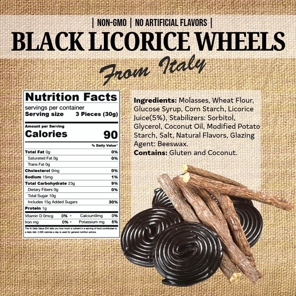 Closeup of SweetGourmet Italian Black Licorice Wheels highlighting glossy color and bite