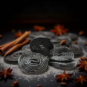 SweetGourmet Italian licorice wheels flat lay with natural colors