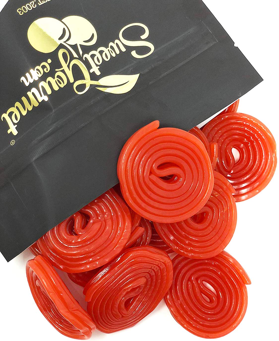 SweetGourmet Italian Strawberry Licorice Wheel closeup shows vivid red color and firm texture for snacking.