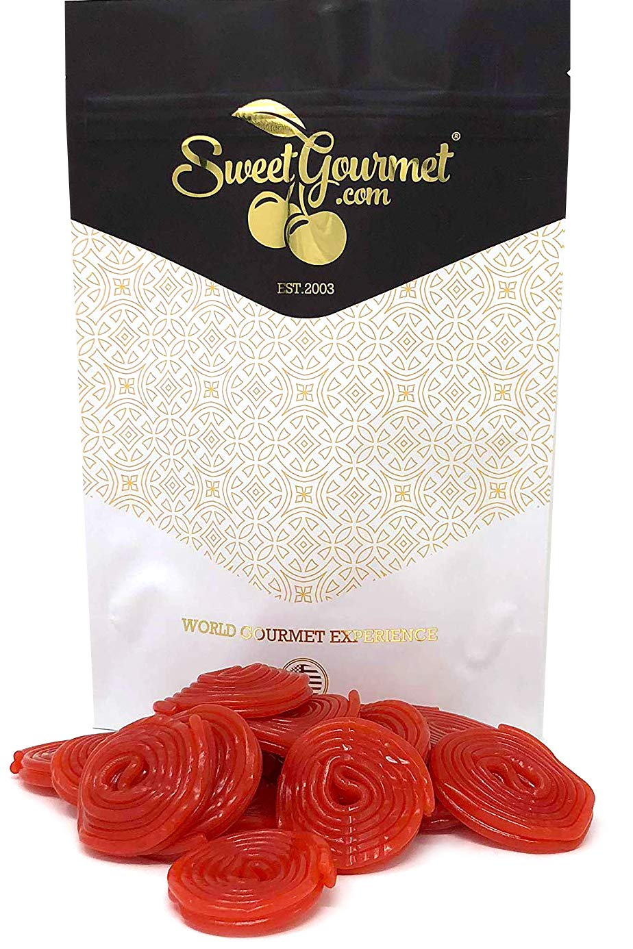 SweetGourmet Italian strawberry licorice wheels 1lb package, vibrant color and bold strawberry flavor.
