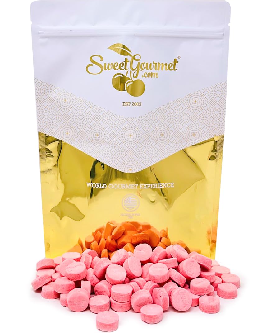 Close-up of a single SweetGourmet Pink Wintergreen Lozenge highlighting smooth texture