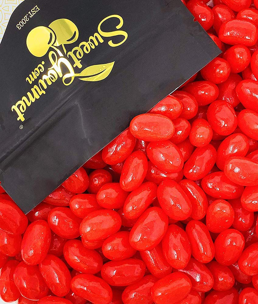 SweetGourmet red jumbo cinnamon jelly beans in a bag, bold flavor for party snacking.