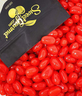 SweetGourmet red jumbo cinnamon jelly beans in a bag, bold flavor for party snacking.