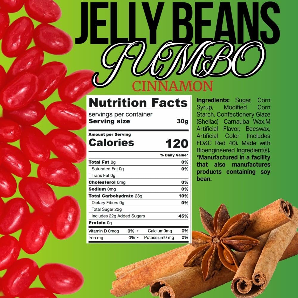 SweetGourmet red jumbo cinnamon jelly beans close-up, showcasing glossy shells and chewy texture.