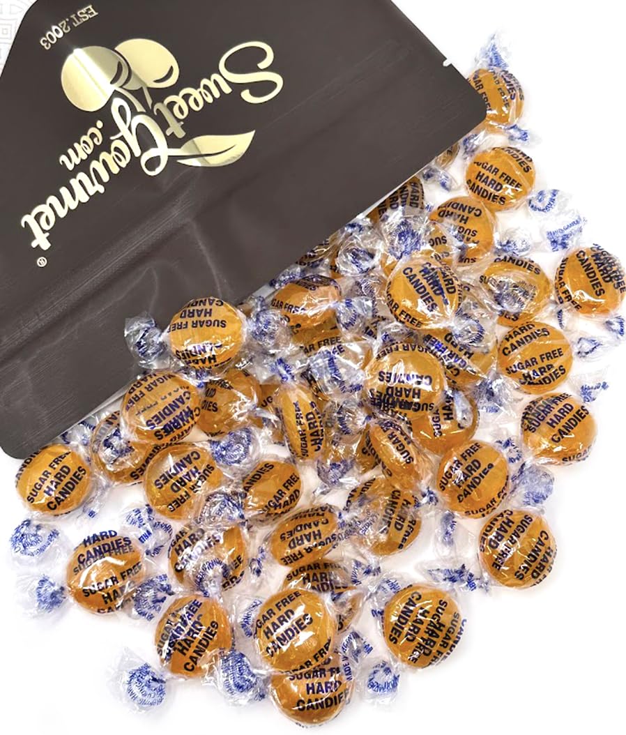 SweetGourmet sugar-free butterscotch buttons packaging front view for fat-free indulgence.