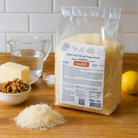 Sweetifi kataifi baking step demonstrates turning dough golden and crispy