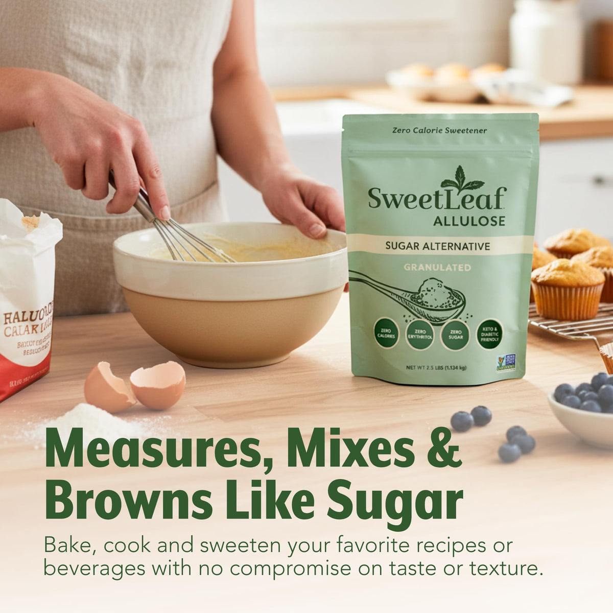 SweetLeaf Allulose bakes and blends like sugar for easy swaps