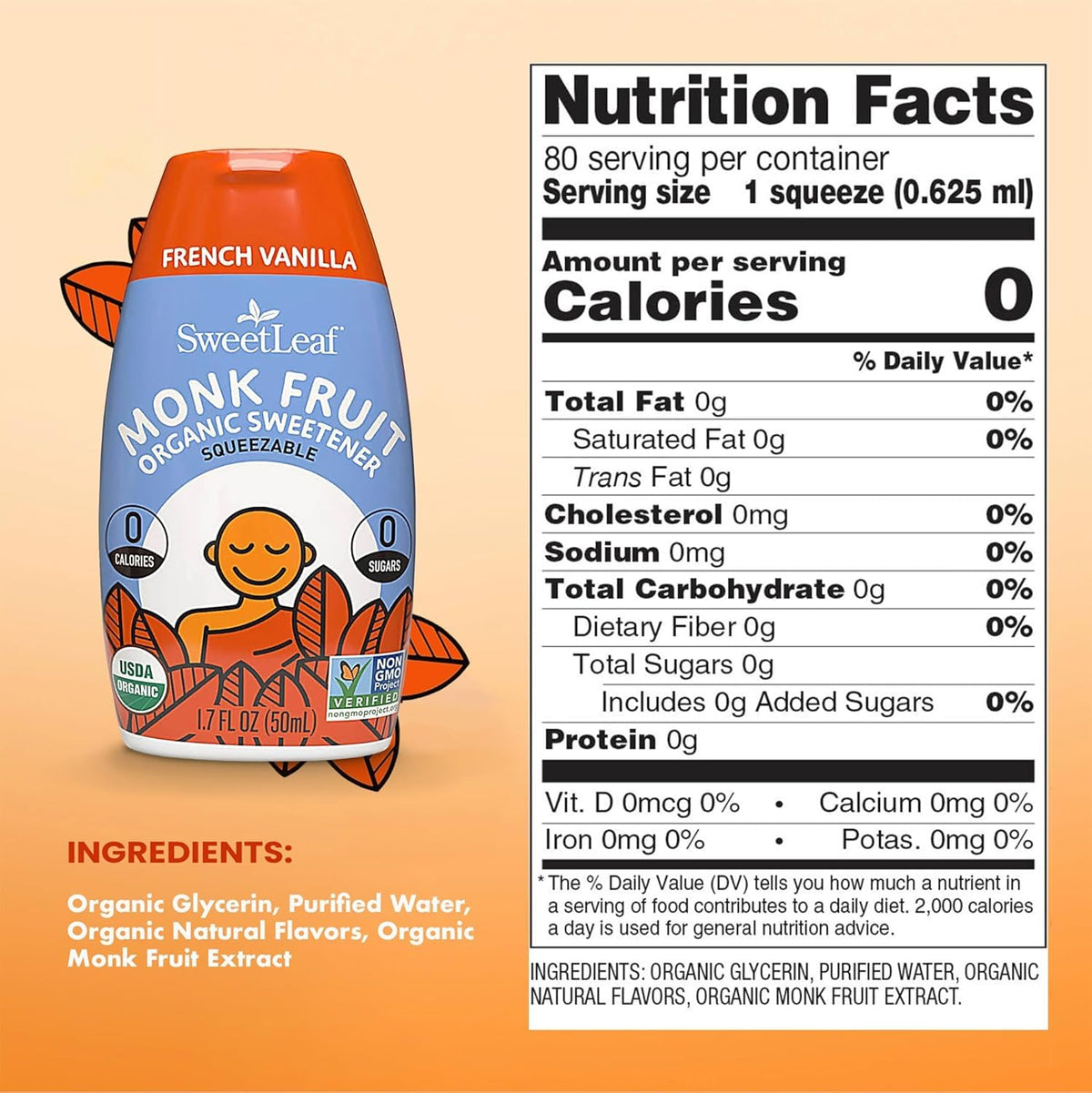 SweetLeaf French Vanilla drops about to pour for calorie-free beverages