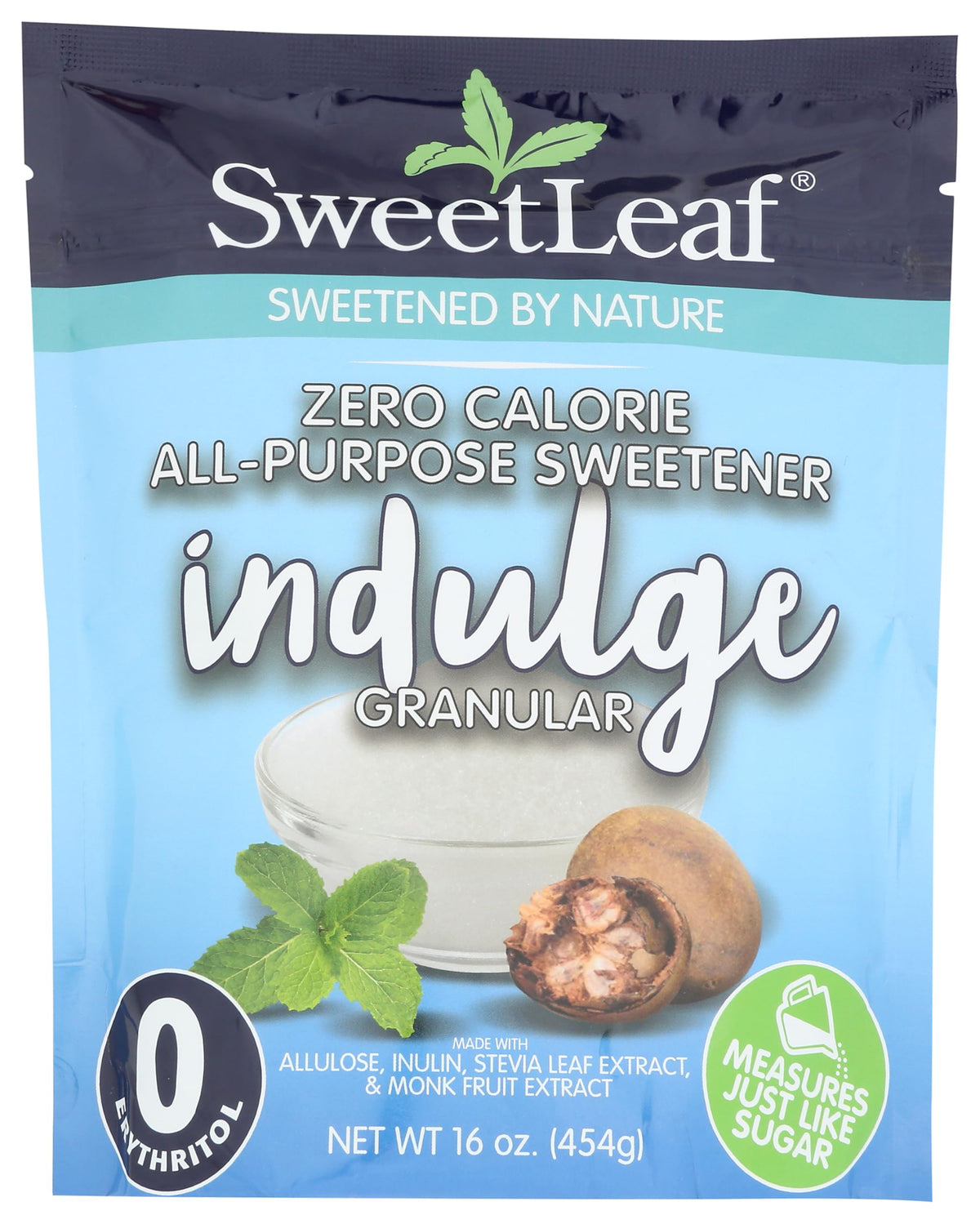 SweetLeaf Indulge sweetener bottle, a zero-calorie sugar substitute for coffee, baking, and cooking.