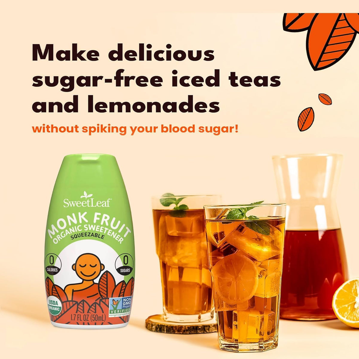 SweetLeaf liquid monk fruit bottle closeup highlights clean ingredients and no added sugar