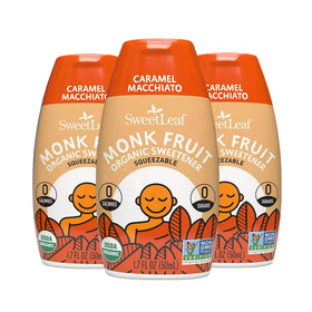 SweetLeaf liquid monk fruit bottle showing zero-calorie sweetness for coffee and tea