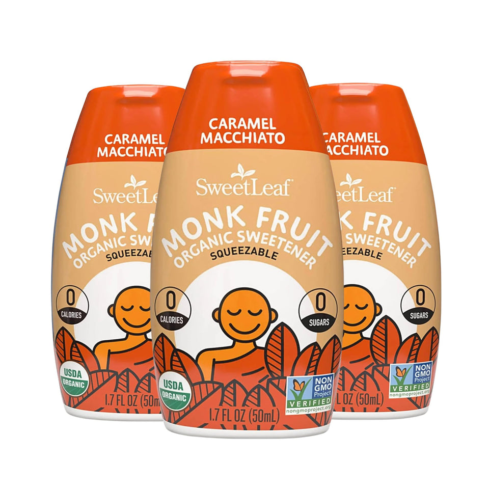 SweetLeaf liquid monk fruit bottle showing zero-calorie sweetness for coffee and tea