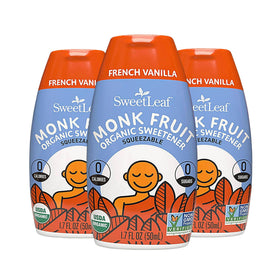 SweetLeaf liquid monk fruit bottle showing zero calorie sweetness for coffee and baking