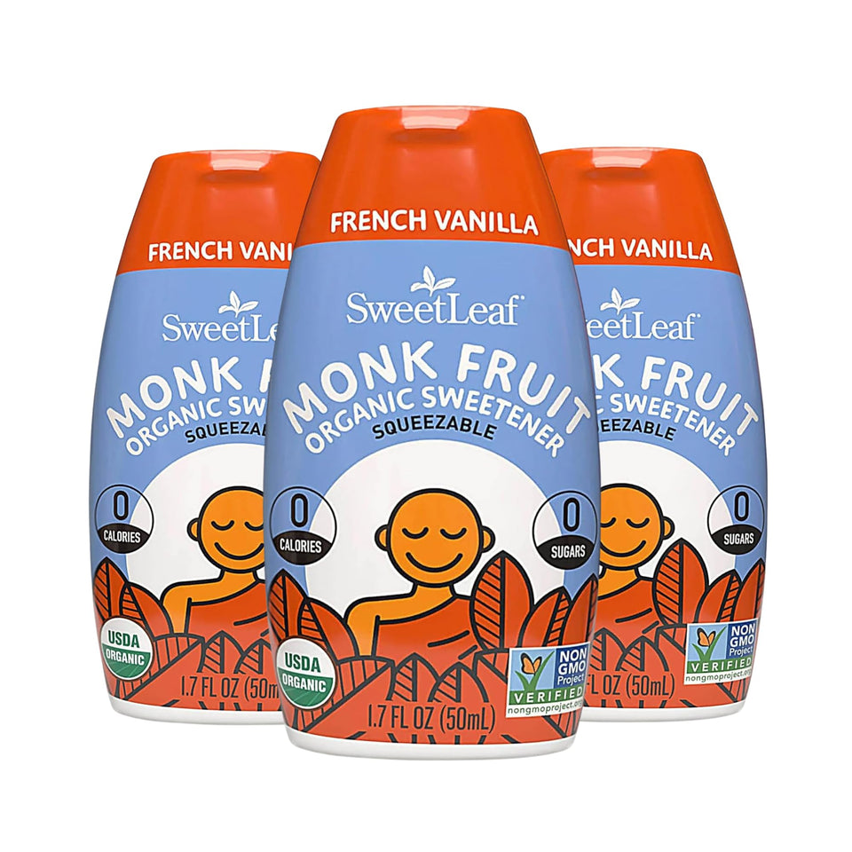 SweetLeaf liquid monk fruit bottle showing zero calorie sweetness for coffee and baking